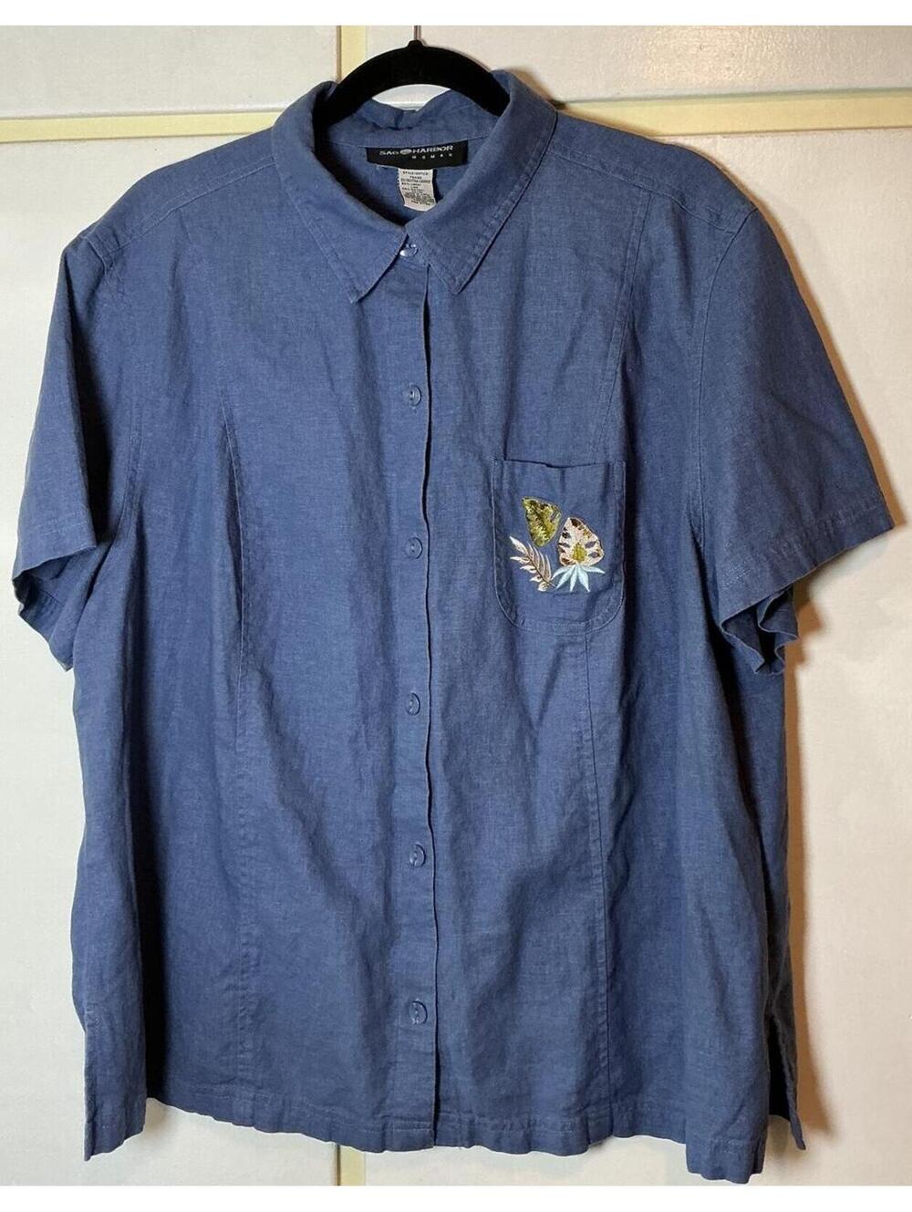 Sag Harbor Women's Large Linen Rayon Blend Short Sleeve Button Casual shirt